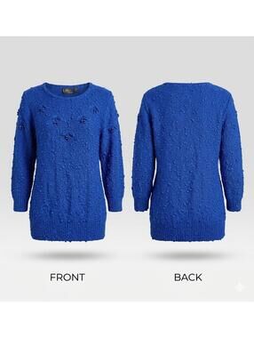 ✨ VINTAGE LeRoy Sweater Blue Beaded Popcorn Knit Acrylic Pockets 80s L 13-19 ✨